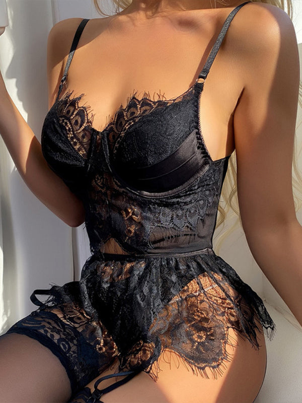 Women's Sexy Valentines Frilly Lace Three Piece Lingerie Set