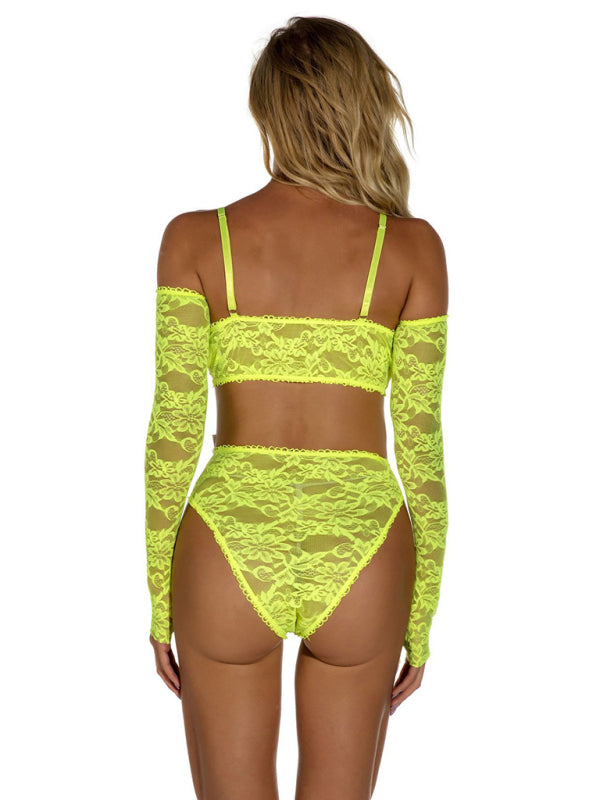 Neon Lace Bra Set With Gloves In GREEN YELLOW