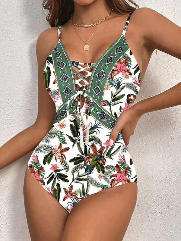 Women s Tropical Print Swimsuit With Front Tassels Lotus Corner