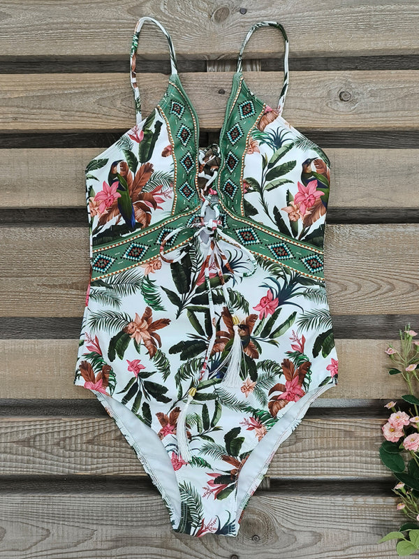 Women's Tropical Print Swimsuit With Front Tassels