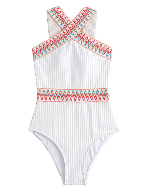Women's Solid Colour Simple Swimsuit With Front Cross Design