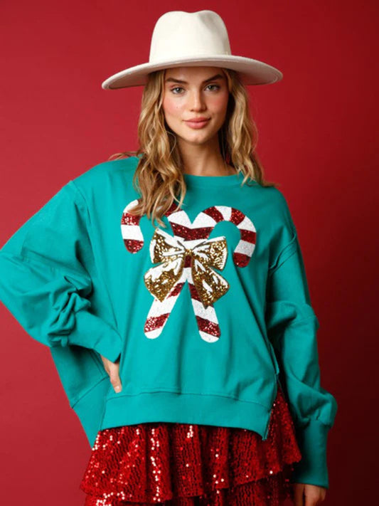 Women's Sequined Candy Cane Oversized Christmas Jumper