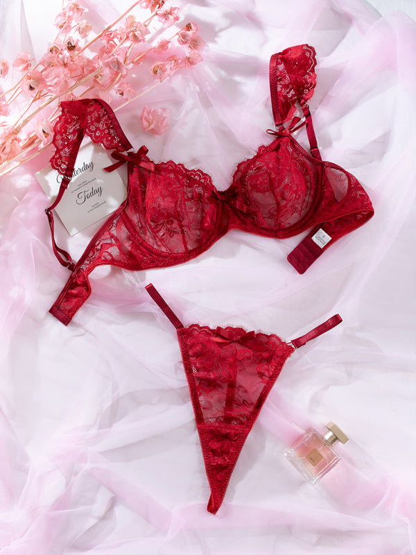 We Are We Wear lace ruffle detail lingerie set in red