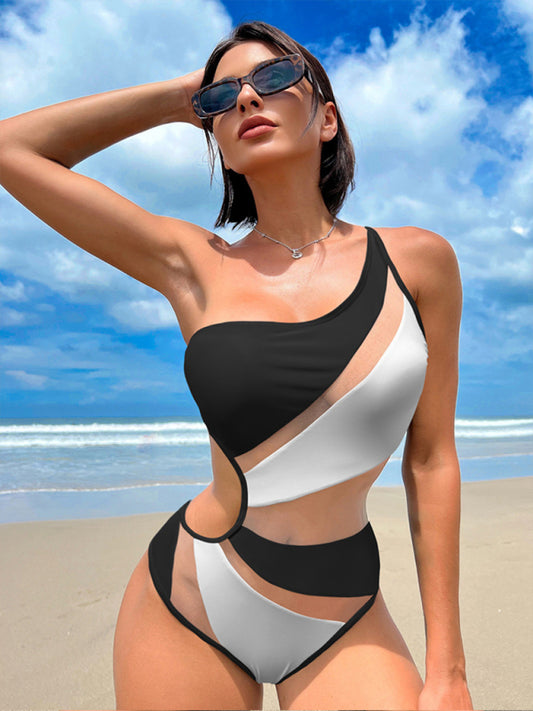 Women's Sexy Hollow Mesh One Shoulder Swimsuit