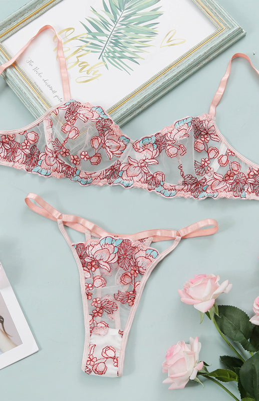 Women's Sexy Embroidered Floral Bra And Thong Lingerie Set