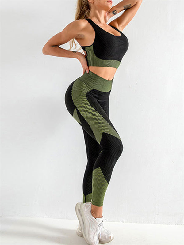 Women's Colour Block Activewear Gym Set Including Crop Vest And Leggings