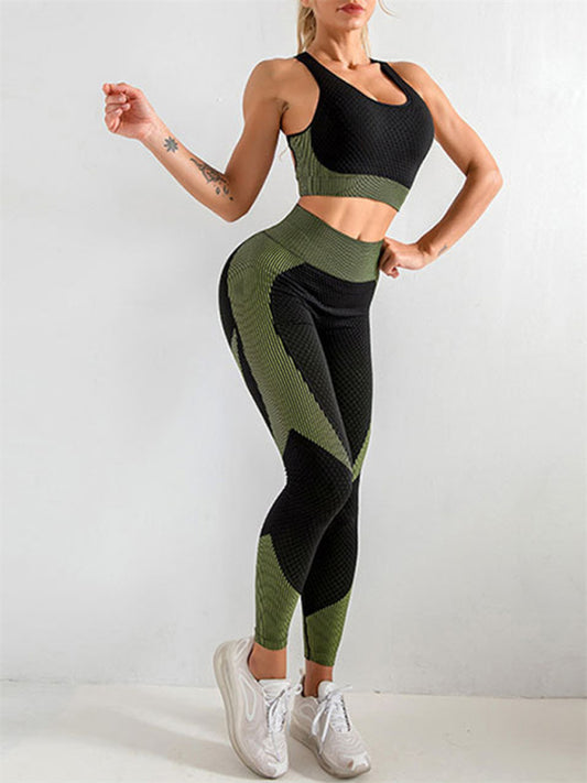 Women's Colour Block Activewear Gym Set Including Crop Vest And Leggings