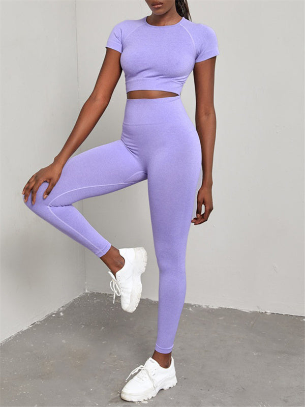 Women's Seamless Exercise Short Sleeve Crop Top and Leggings Set