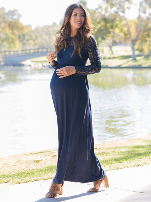 Women’s Maternity Lace Adorned Long Sleeved Maxi Dress