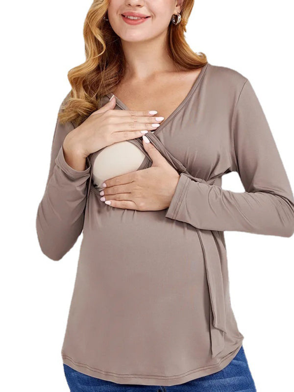 Women’s Maternity Chest Tie Wrap Top With Long Sleeves