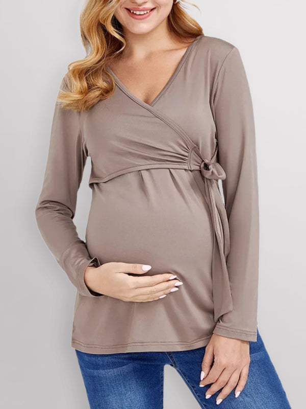 Women’s Maternity Chest Tie Wrap Top With Long Sleeves