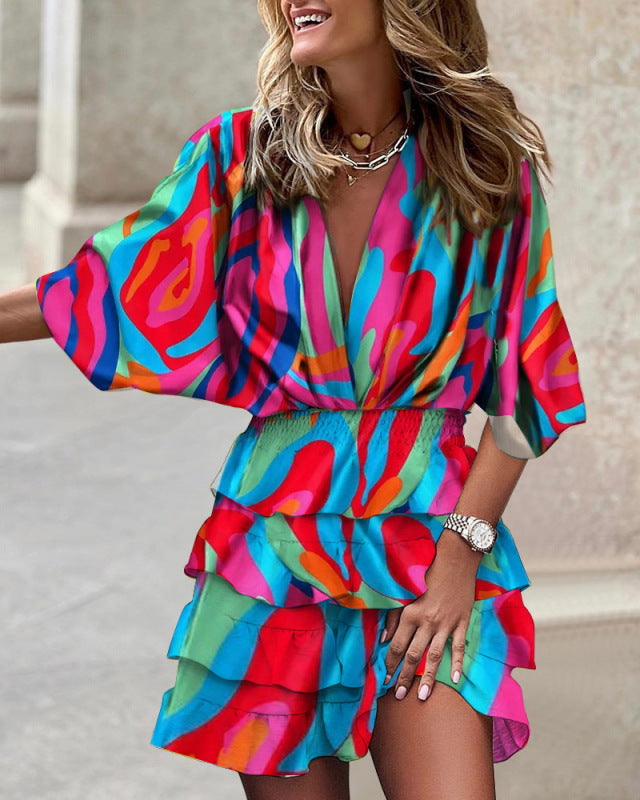 Women's Dolman Sleeve V-Neck Vibrant Print Ruffle Dress