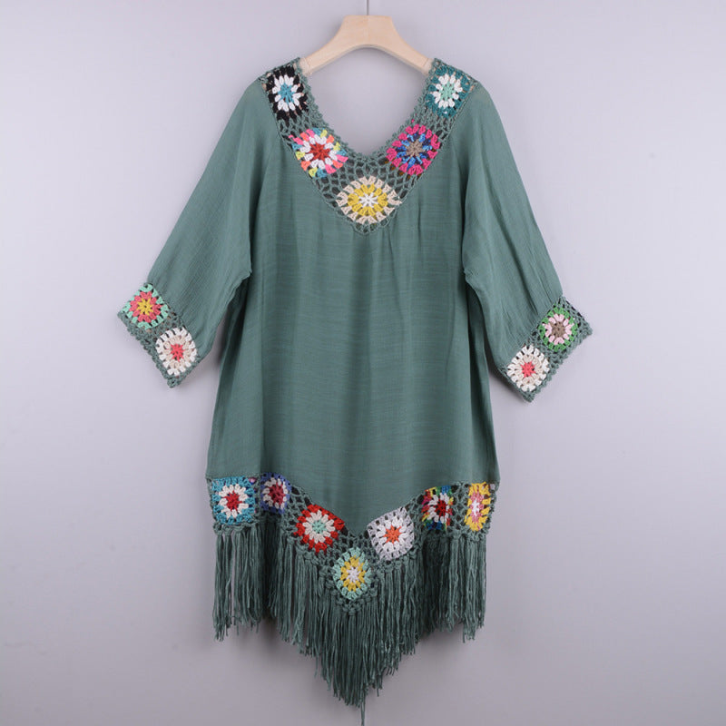 Women's Embroidered Three Quarter Sleeve Tassel Cover Up