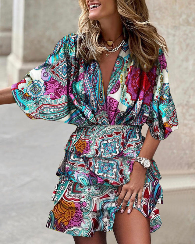 Women's Dolman Sleeve V-Neck Vibrant Print Ruffle Dress