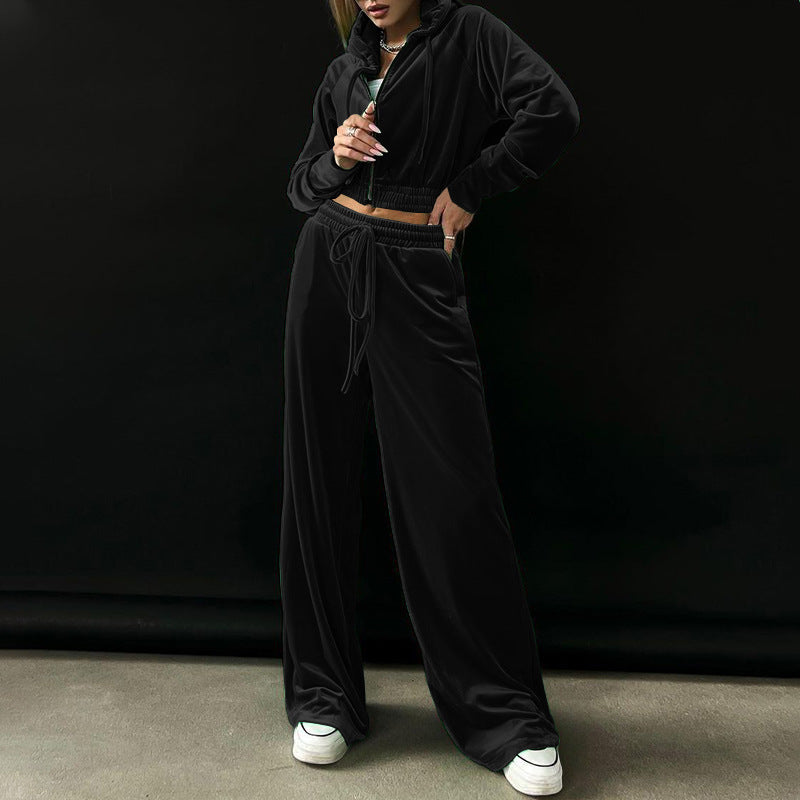 Women's Velour Short Length Hoodie And Matching Wide Leg Trousers